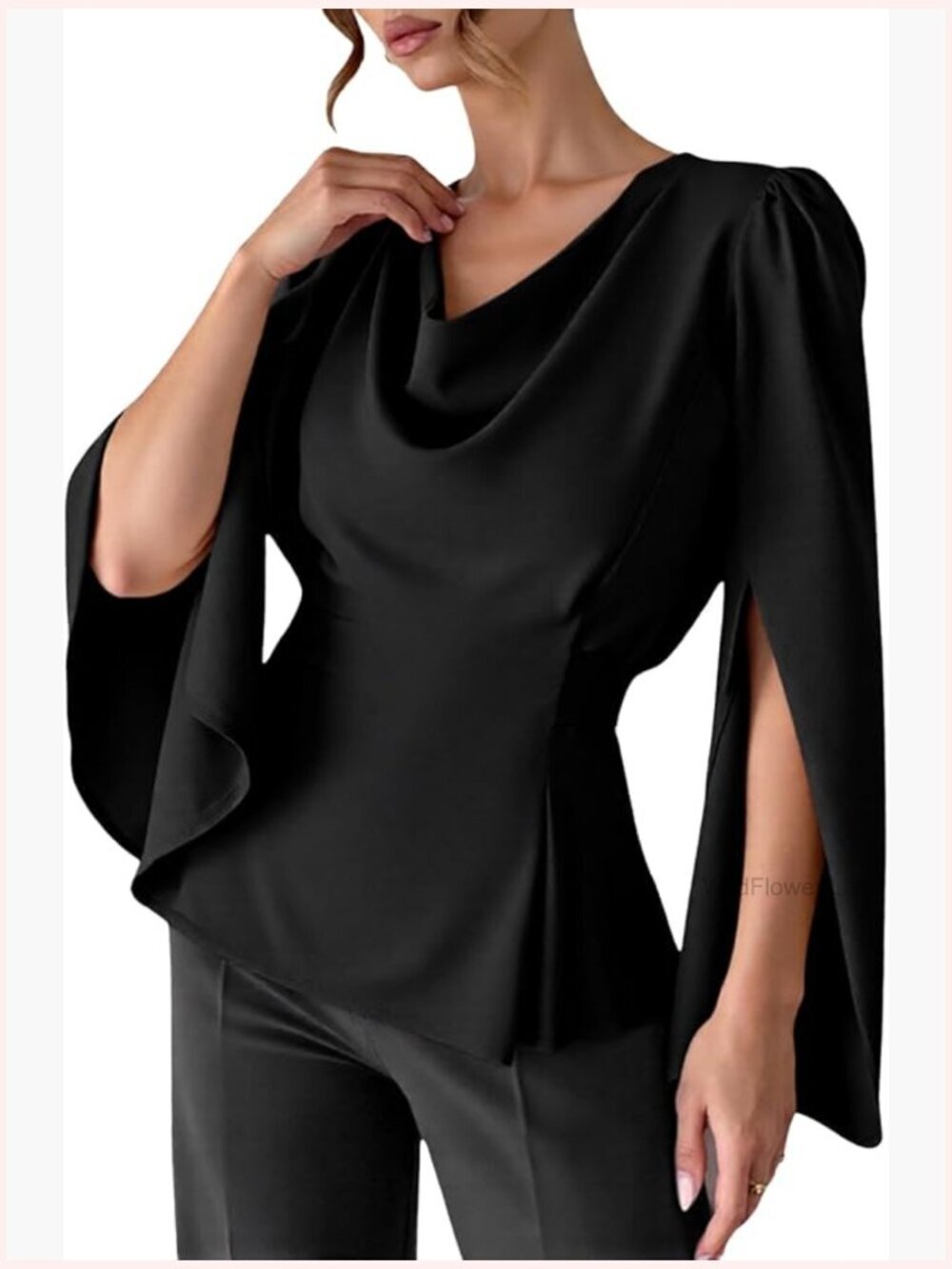 Cowl Neck Satin Blouse Split Long Sleeve Peplum Tie Back Elegant Top